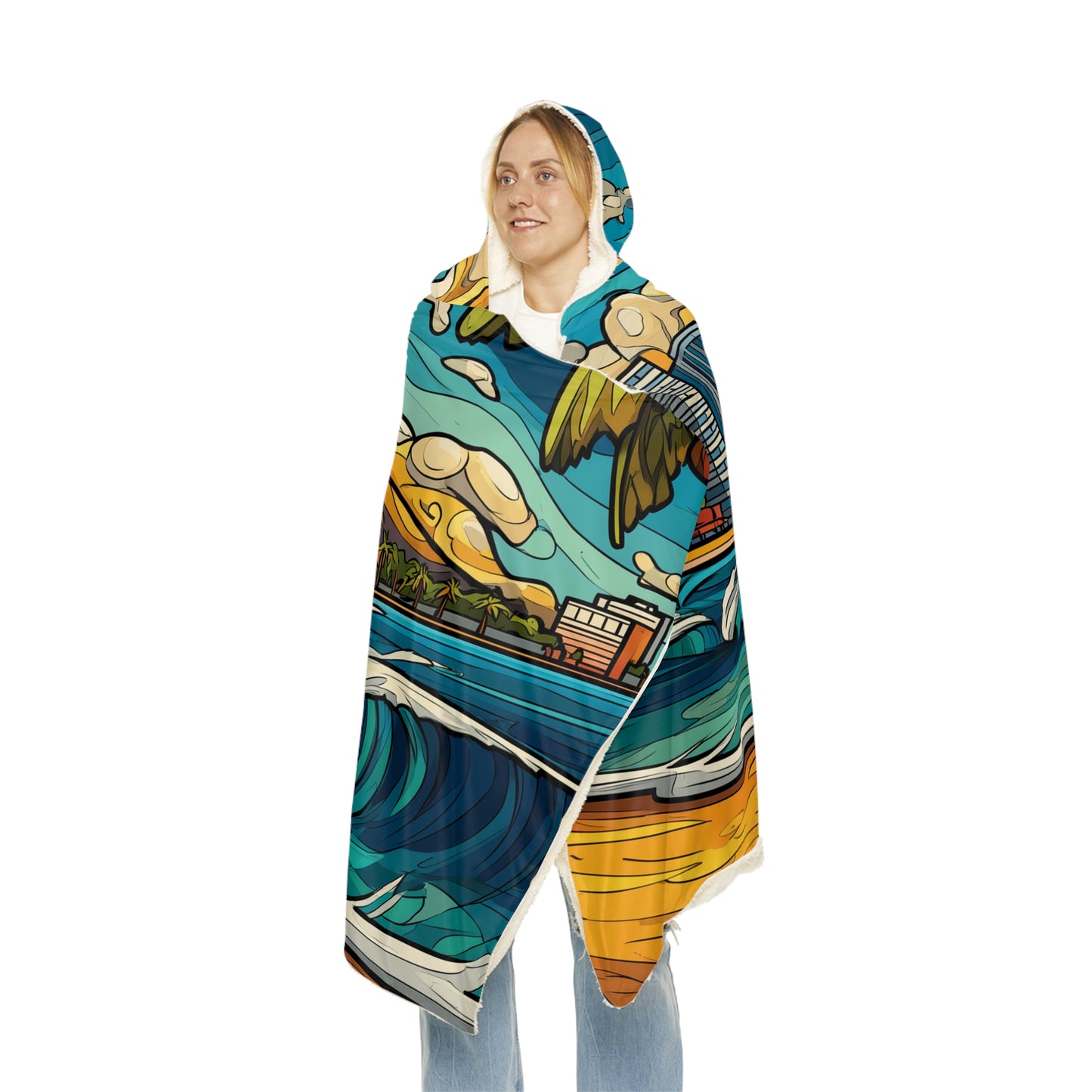 Hooded Beach Wave Snuggle Blanket – Tropical Ocean Sunset Design